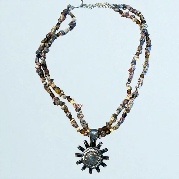 Western Jasper Beaded Necklace with Sunburst Concho Spur Pendant - Picture 2 of 6
